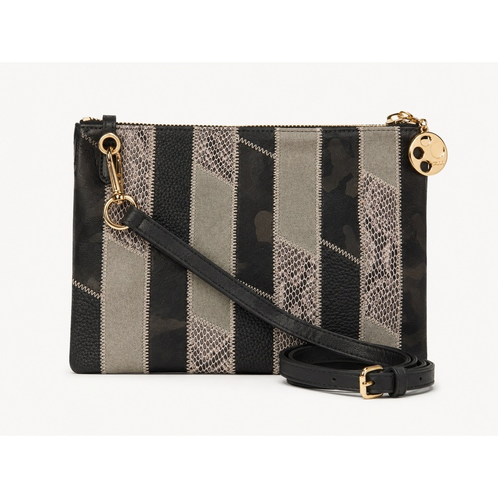 G.I.L.I. Womens Crossbody Bag OS Black Leather Suede Patchwork Striped Charm